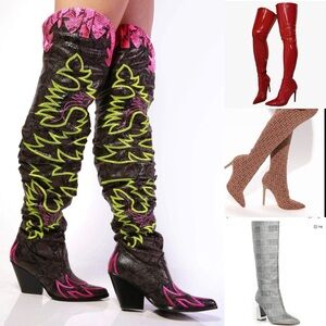 BOOT BUNDLE! ALL 4! RED LEATHER, SILVER HEEL, NEON COWBOY, PRINT BROWN BOOT